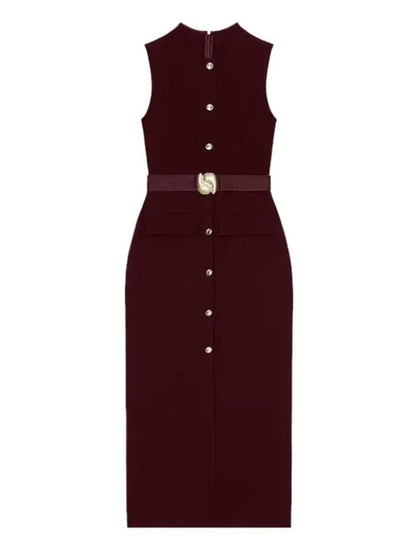 Sleeveless Button Front Belt Buckle Flap Pocket Midi Dress