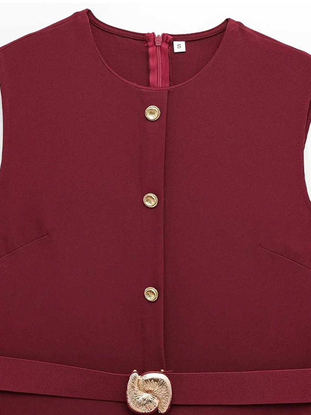 Sleeveless Button Front Belt Buckle Flap Pocket Midi Dress