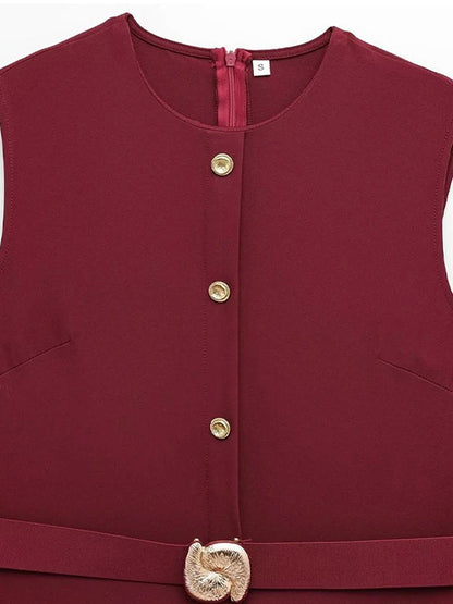 Sleeveless Button Front Belt Buckle Flap Pocket Midi Dress