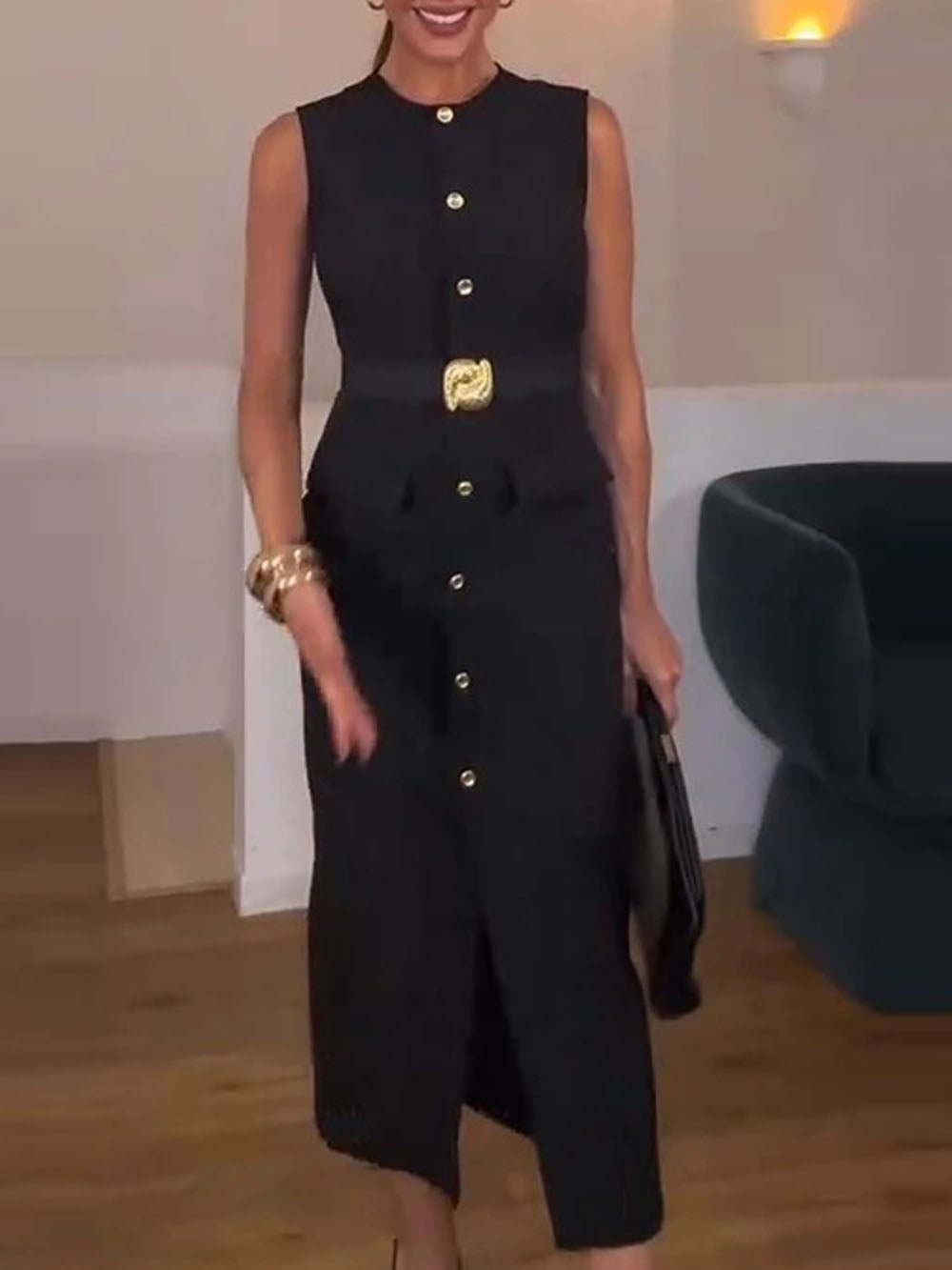 Sleeveless Button Front Belt Buckle Flap Pocket Midi Dress