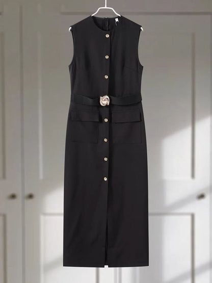 Sleeveless Button Front Belt Buckle Flap Pocket Midi Dress
