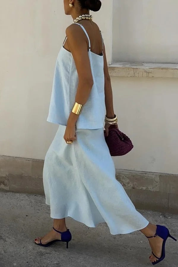 Linen Blend Loose Square Neck Camisole Top and Elegant Resort Maxi Skirt Set