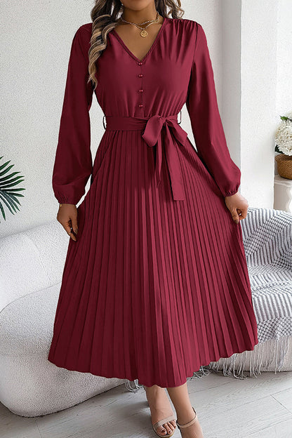 Deep V-Neck Bishop Sleeve Button Front Pleated Belted Midi Dress