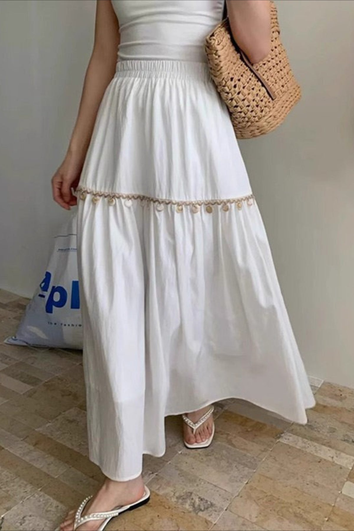 Minimal Shell Detail Fringe Patchwork Boho Skirt