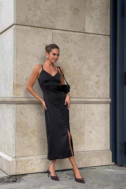 Solid Lace-Trim Cami Maxi Silk Dress
