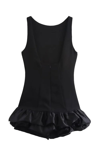 High Neck Sleeveless Sculpted Ruffle Bubble Hem Mini Dress