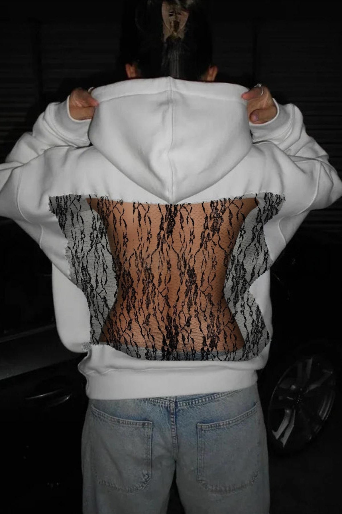 Hollow Out Lace Flower Back Hoodie