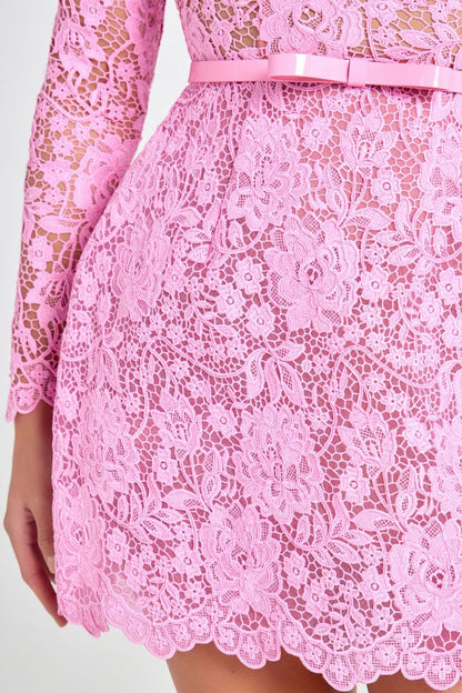 Champagne Toast Flower Lace Long Sleeve Bow Belted Mini Dress