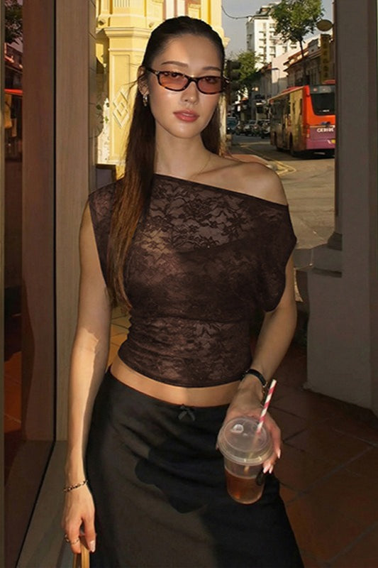 Lace Sheer Asymmetrical Neck Slim Fit Short Sleeve Tee