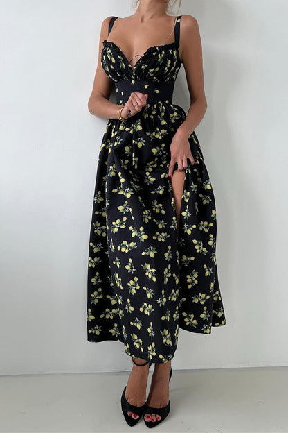Low Neck Strap High Waist Slit Floral Dress
