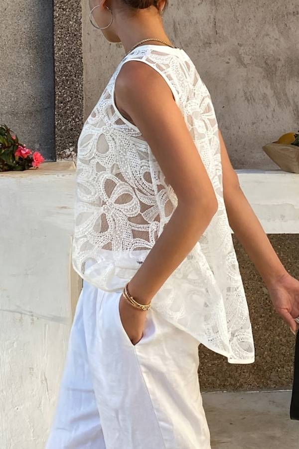 3D Floral Hollow Lace Irregular Sleeveless Tank Cover Up