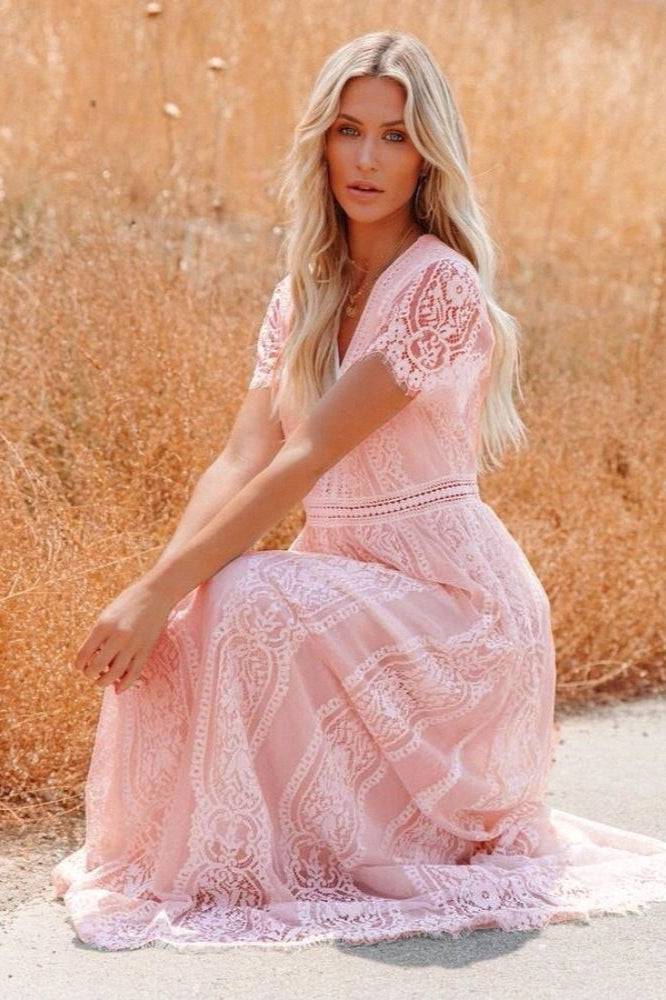Lace V Neck Short Sleeve Hollow Out Boho Dress