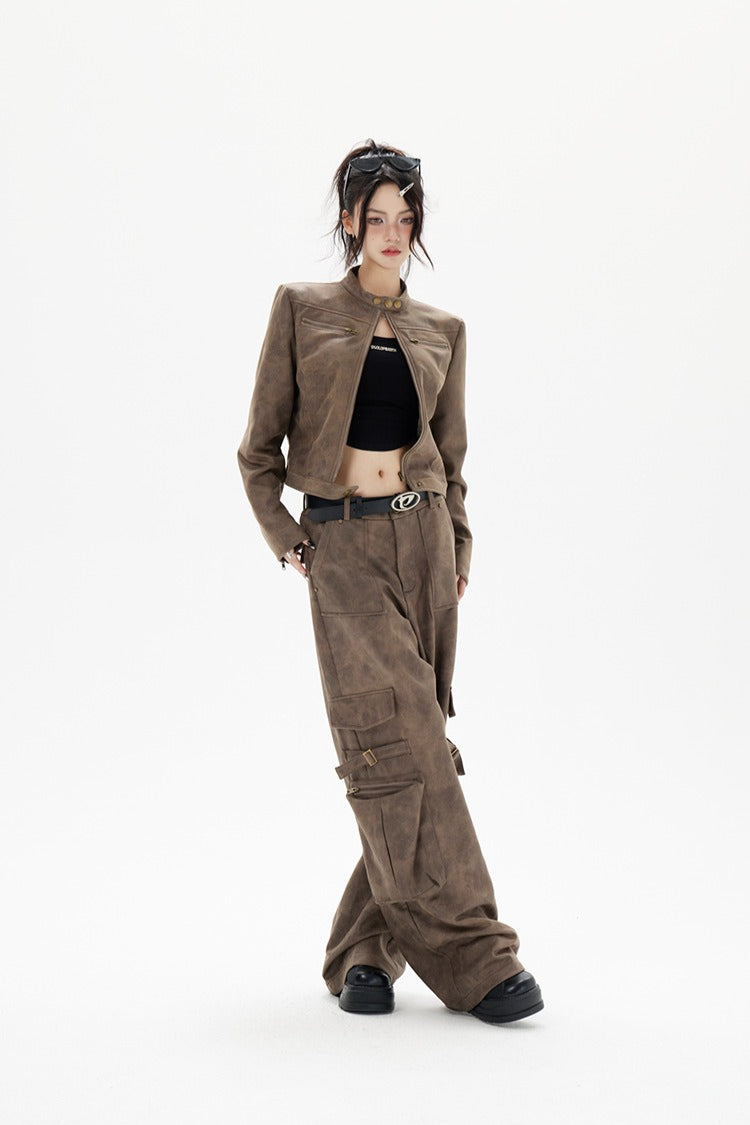 Cropped Biker Style Leather Jacket