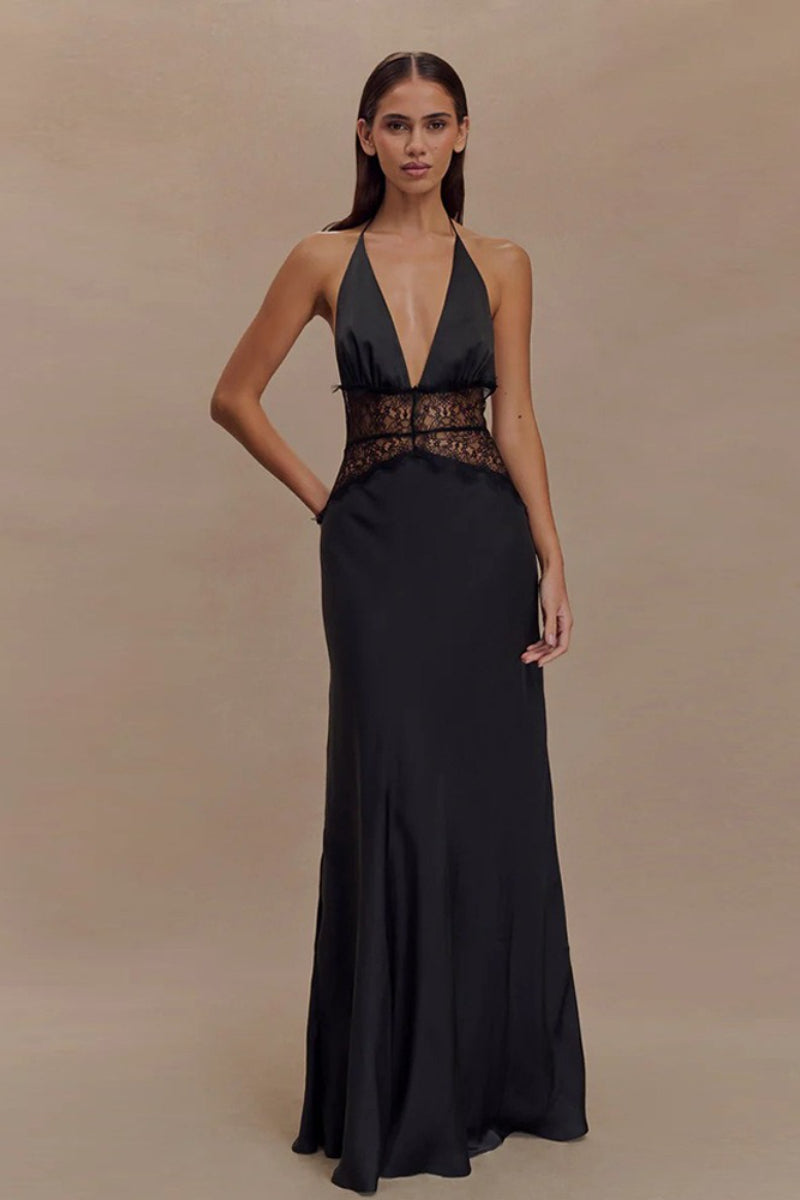 Deep V Halter Satin Slip Prom Dress