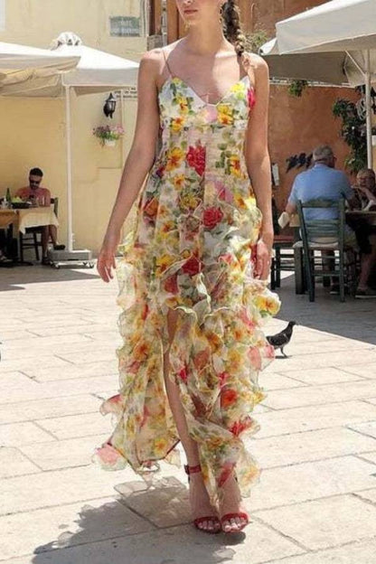Spaghetti Strap Floral Print Tiered Slit Maxi Dress