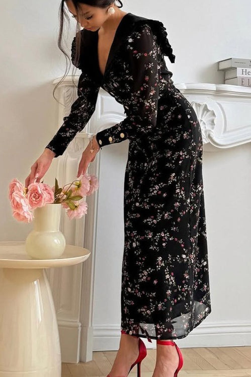 Ruffle Collar Long Sleeve Floral Dress