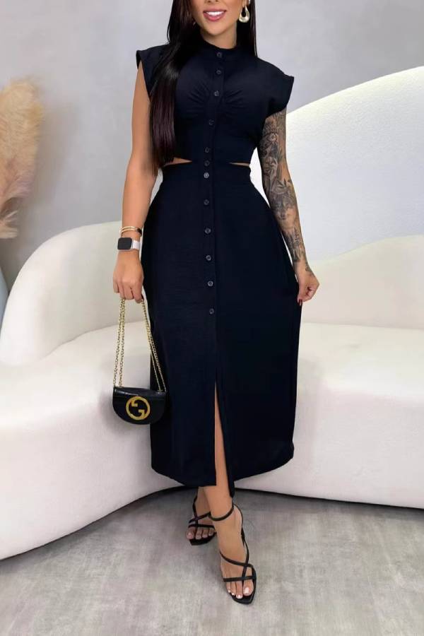 Stand Collar Cap Sleeve Cutout Button-Front Slit Midi Dress