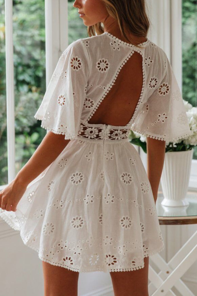 Cutout Round Neck Short Sleeve Boho Dress