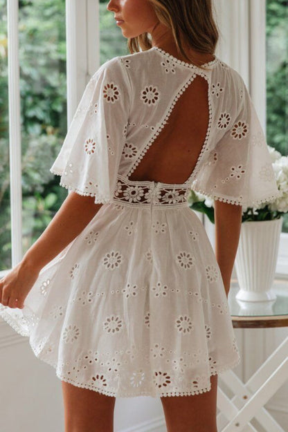 Cutout Round Neck Short Sleeve Boho Dress