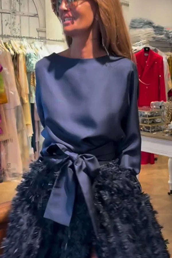 Elegant Diary Satin Boat Neck Long Sleeve Tie-up Waist Blouse