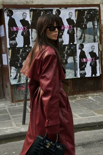 Long Leather Belted Blazer Overcoat