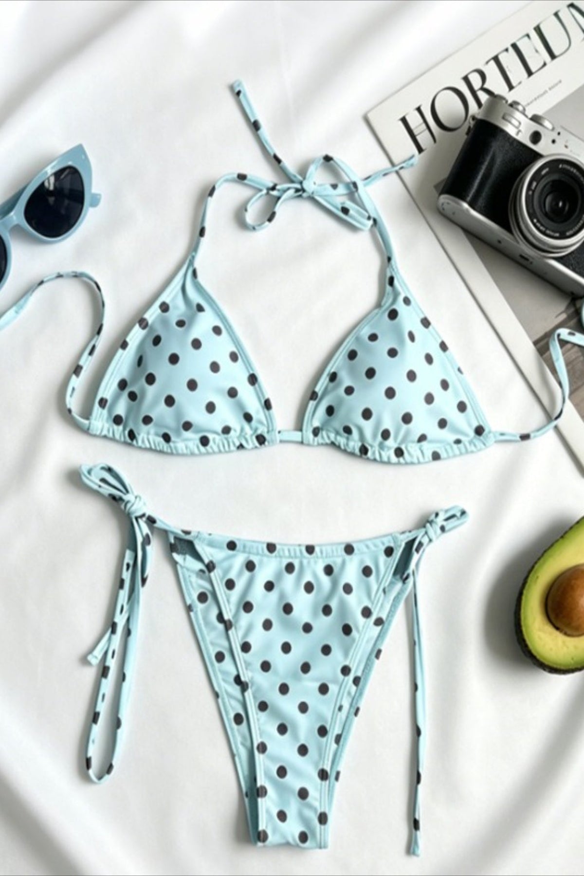 Retro Polka Dot Halter Triangle Bikini Set