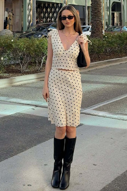 Polka Dot V Neck Tie Slim Midi Skirt Set