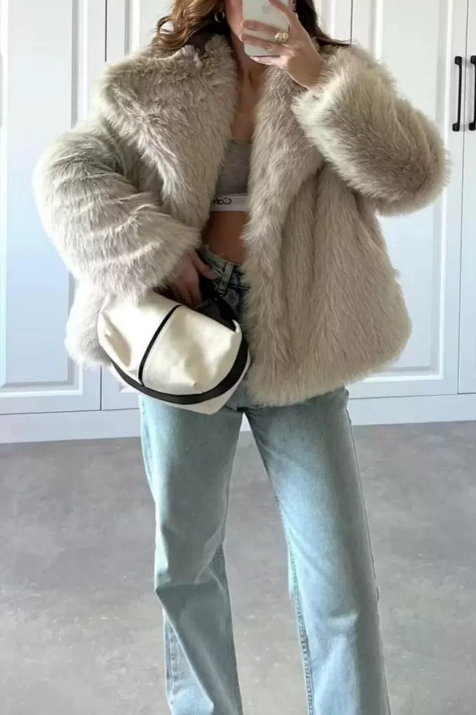 Eco Faux Fox Fur Notch Lapel Plush Coat
