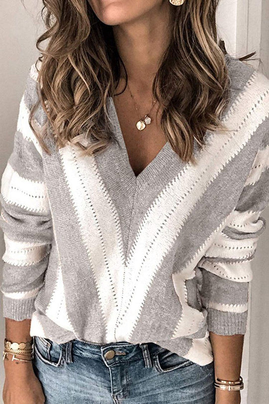 V Neck Stripe Color Block Loose Oversized Pullover Sweater