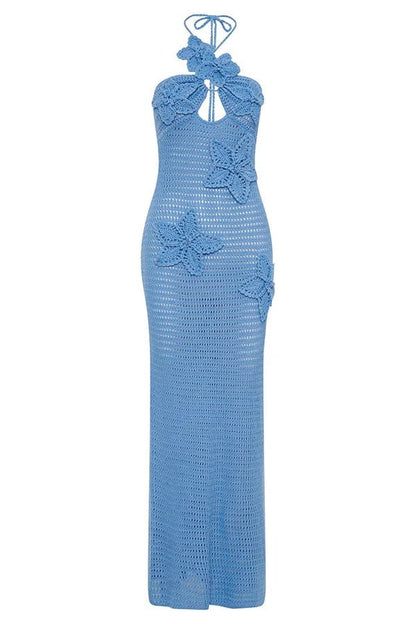 Call It Chic Knit Floral Crochet Halter Fishtail Hem Maxi Dress