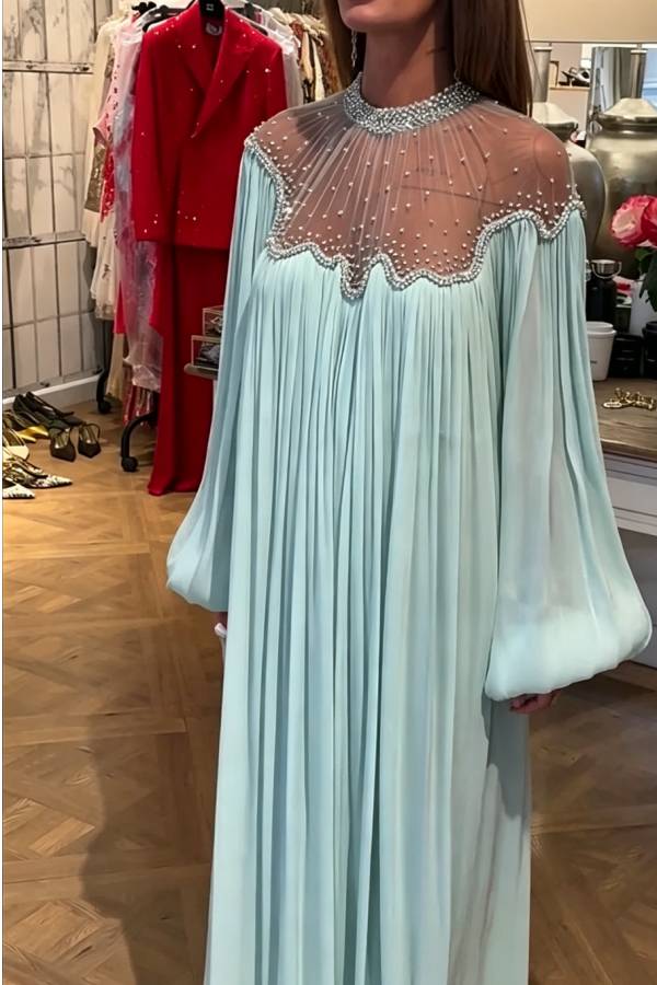 Eileen Georgette Sparkling Crystal Embroidery Detail Balloon Sleeve Kaftan Robe Maxi Dress