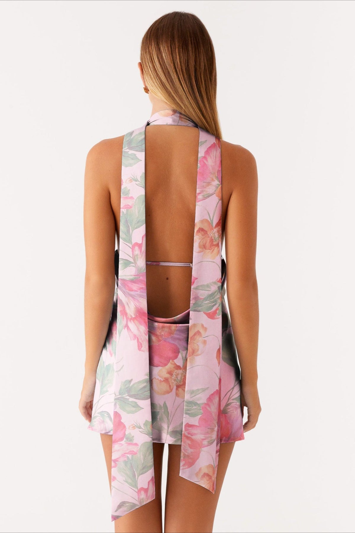 Deep V Neck Backless Tie Detail Mini Floral Dress