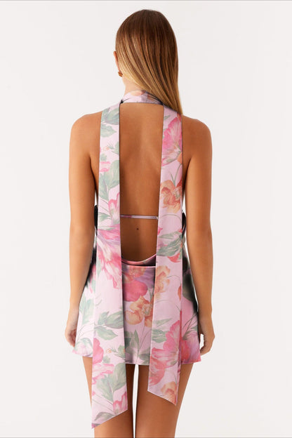 Deep V Neck Backless Tie Detail Mini Floral Dress