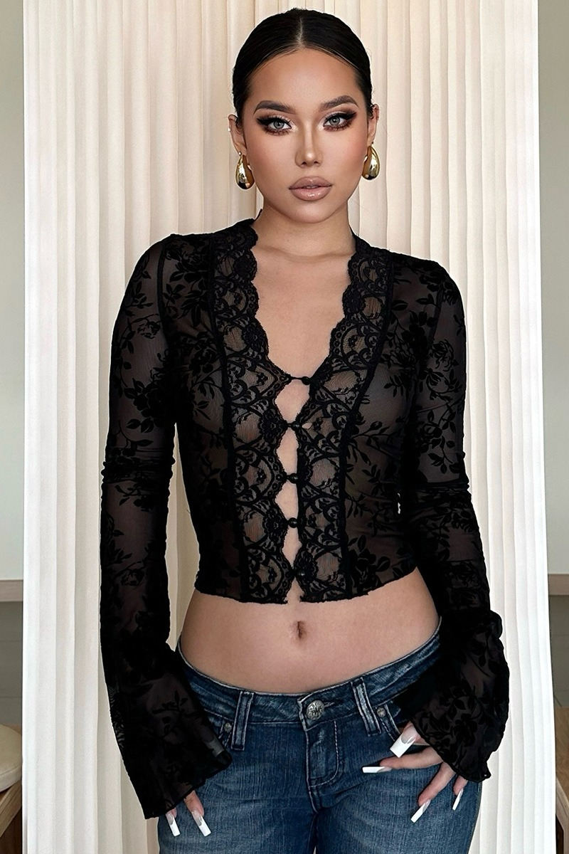 Printed Mesh Ruffled Sheer Chic Crop Top