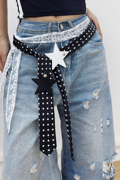 Retro Polka Dot Scarf Lace Two Piece Belt Set