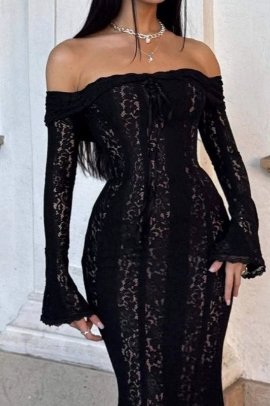 Chic Lace Bell Sleeve Tube Top Slim High Waist Boho Dress