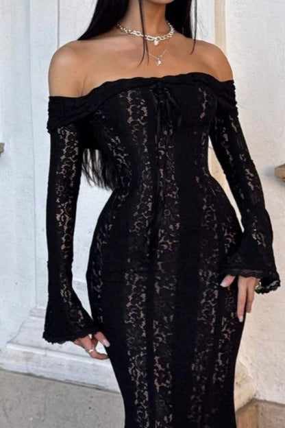 Off Shoulder Bell Sleeve Vertical Lace Panel Mermaid Maxi Dress