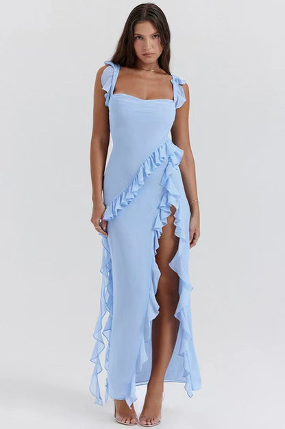Square Neck Ruffle Slit Party Dress