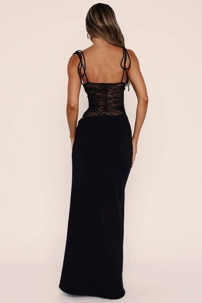 Halter Neck Sheer Lace Panel Cut Out Hip Satin Maxi Dress