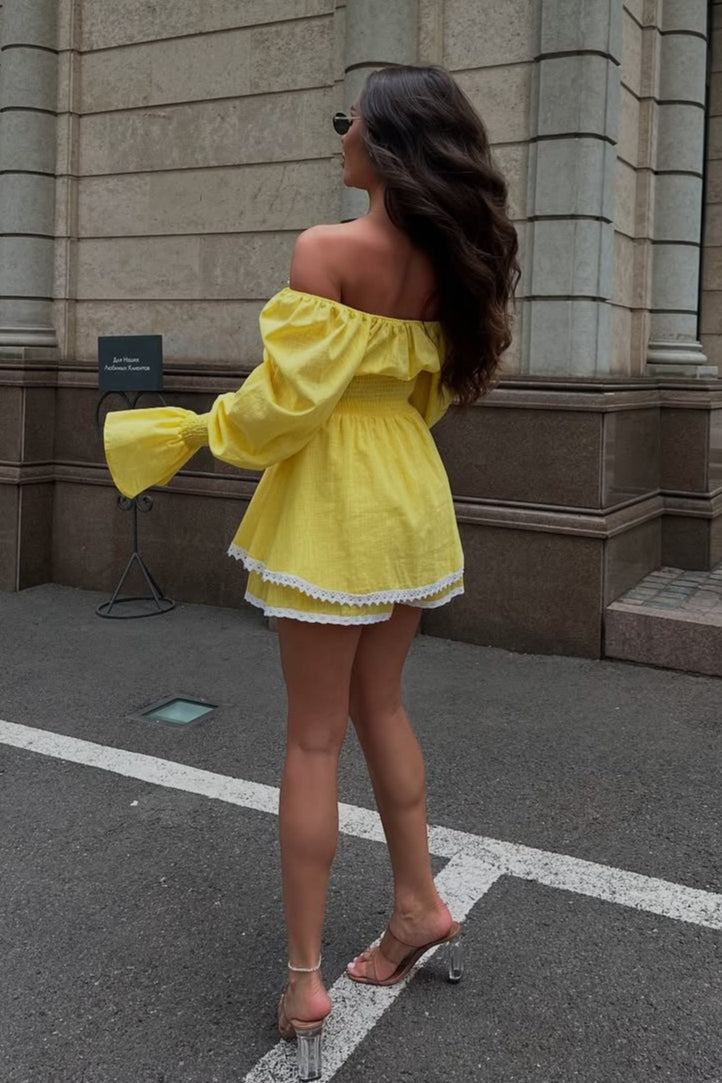 Lantern Sleeve Lace Up Off Shoulder Top Two Piece Shorts Set