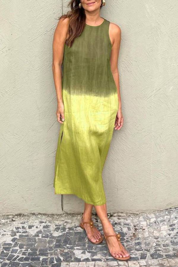 Gradient Tie Dye Sleeveless Linen Midi Dress Side Split Loose Casual Vacation Sundress