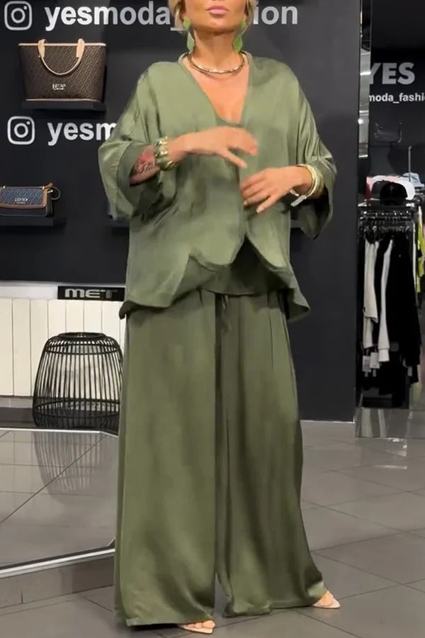 Ellie Satin Button Half Sleeve Cardigan and Tank and Elastic Waist Pocket Pants 3 Pieces Set