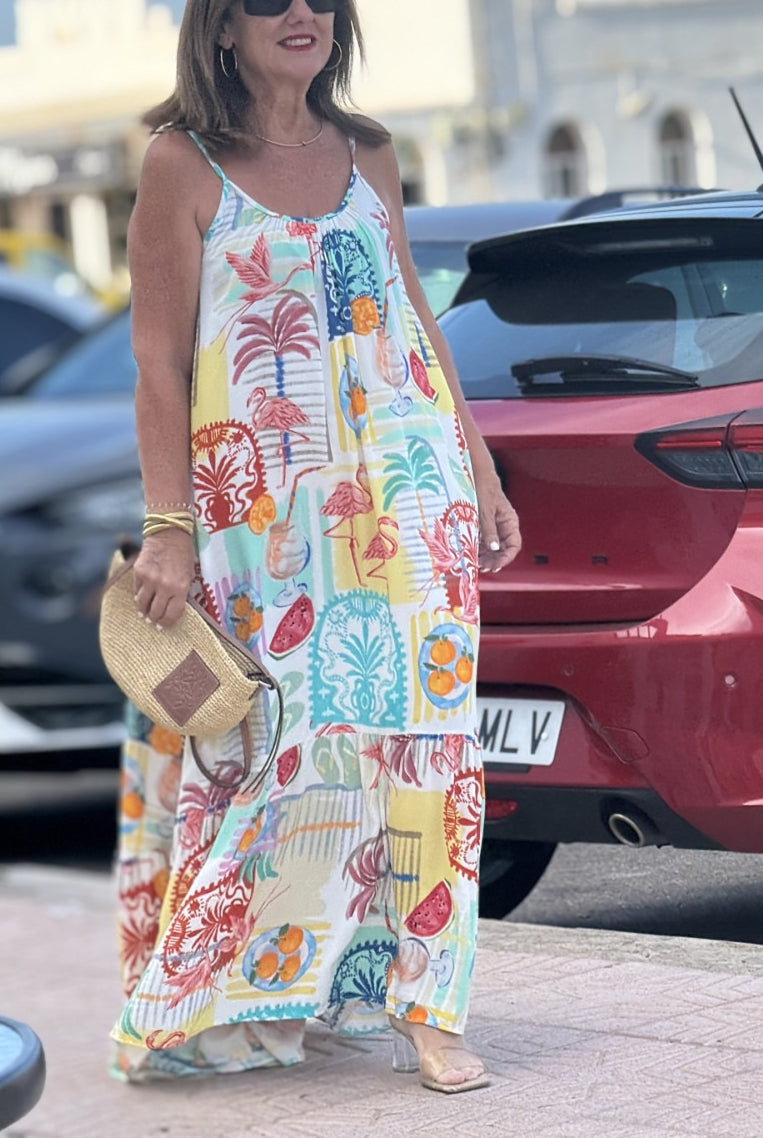 Long summer dress with flamingo print