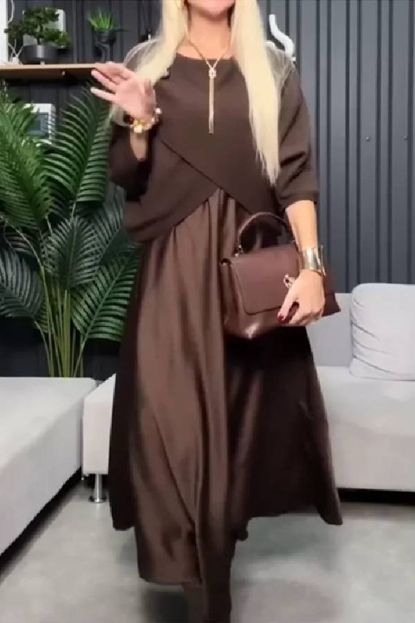 Layered Knit Collar Satin Faux Two Piece Midi Dress Elegant Swing Long Dress