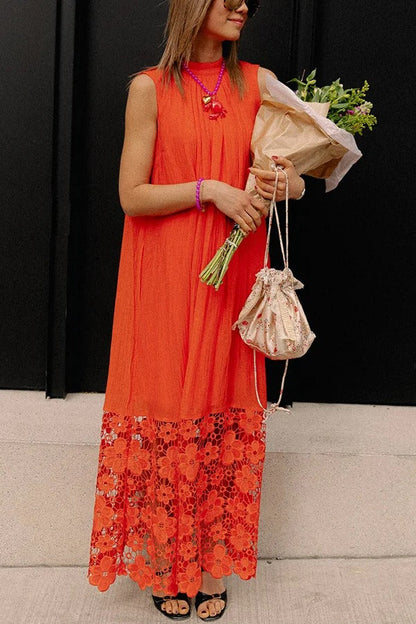 Breezy Comfort Tie-up Neck Sleeveless Floral Lace Hem Maxi Dress