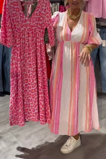 Multi-Color V-Neck Puff Sleeve Backless Tie-Waisted Flowy Maxi Dress