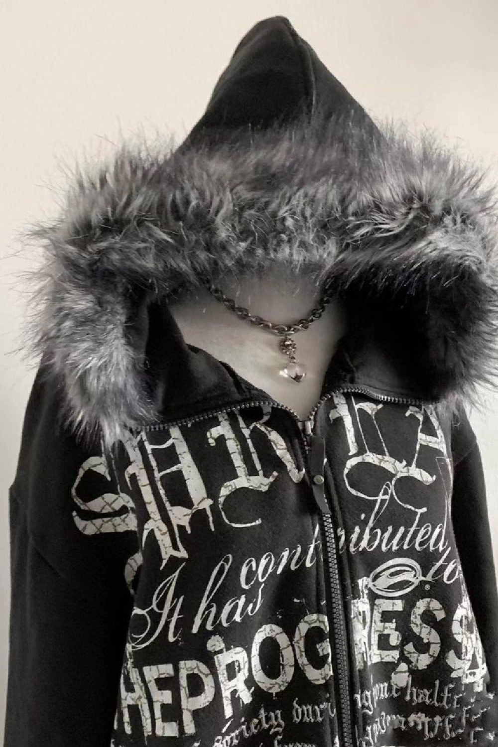 Vintage Black Goth Punk Fleece Lined Letter Zip Hoodie