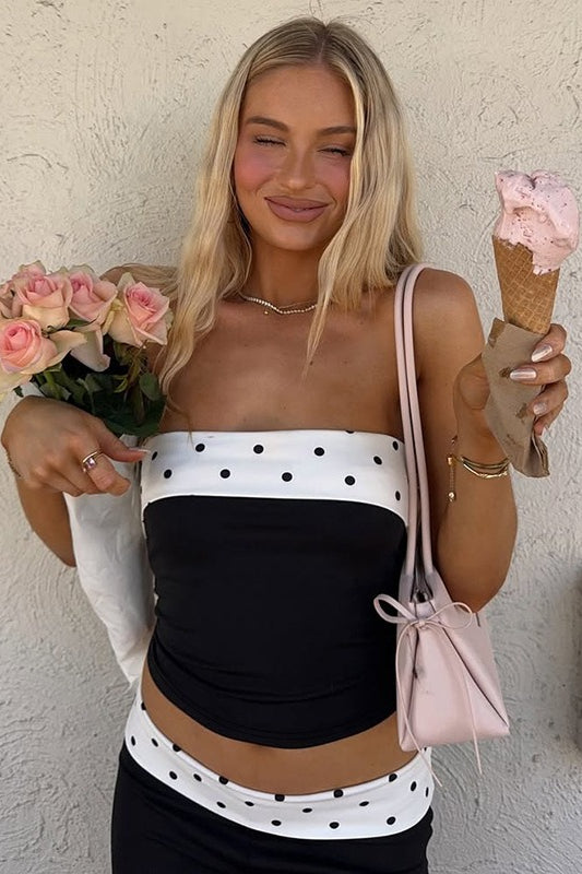 Ruched Polka Dot Strapless Slim Fit Tube Top