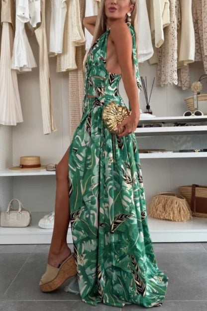 Amazon Scenery Unique Print Tie-up Cutout Waist Ring Halter Slit Maxi Dress