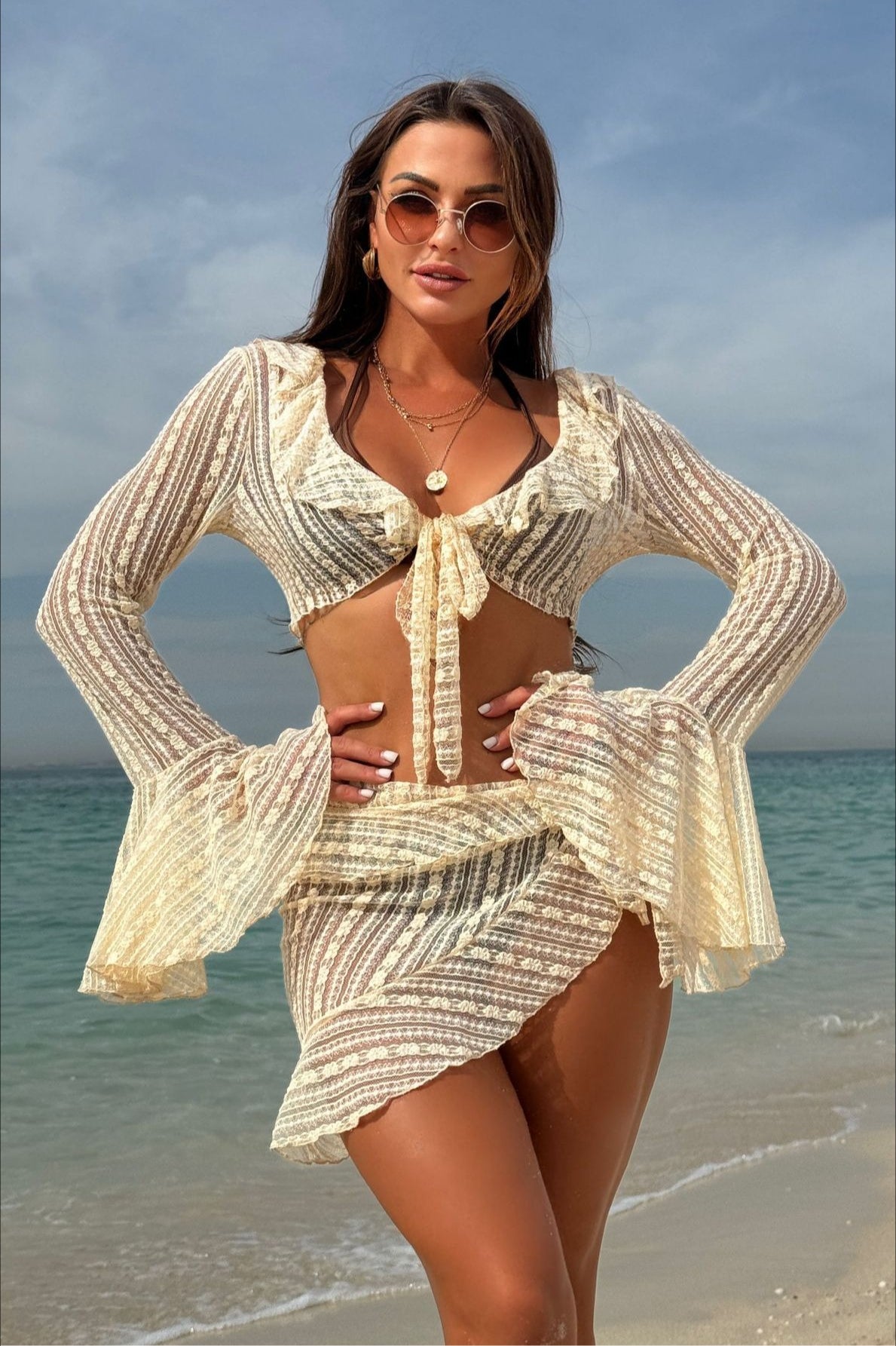 Lace Mesh Asymmetrical Hem Four Piece Swim Set